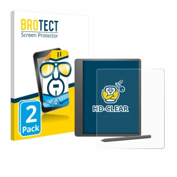 Face avant d’un emballage produit avec le logo de la marque BROTECT. À côté, l’appareil Amazon Kindle Scribe 2024 est représen