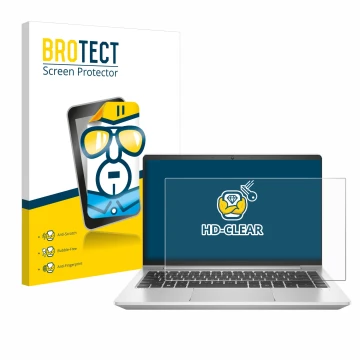 Face avant d’un emballage produit avec le logo de la marque BROTECT. À côté, l’appareil HP ProBook 445 G9 est représenté avec 