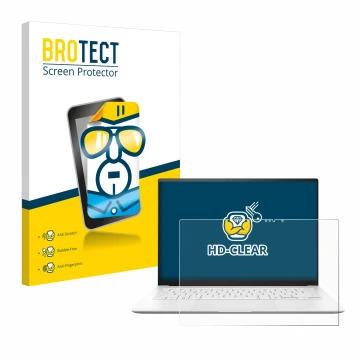 Face avant d’un emballage produit avec le logo de la marque BROTECT. À côté, l’appareil ASUS ZenBook S 14 UX5406 est représent