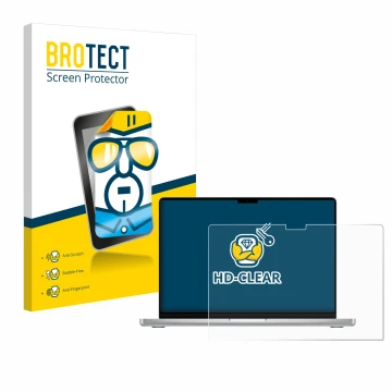 Face avant d’un emballage produit avec le logo de la marque BROTECT. À côté, l’appareil Apple MacBook Pro 14