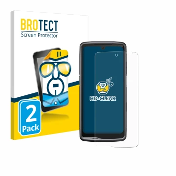 Face avant d’un emballage produit avec le logo de la marque BROTECT. À côté, l’appareil Crosscall Stellar M6 est représenté av