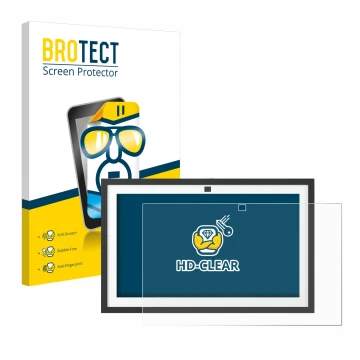 Face avant d’un emballage produit avec le logo de la marque BROTECT. À côté, l’appareil Amazon Echo Show 15 2024 est représent