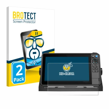 Face avant d’un emballage produit avec le logo de la marque BROTECT. À côté, l’appareil Lowrance HDS-9 Pro est représenté avec