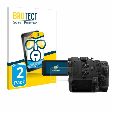 Face avant d’un emballage produit avec le logo de la marque BROTECT. À côté, l’appareil Canon EOS C400 est représenté avec la 