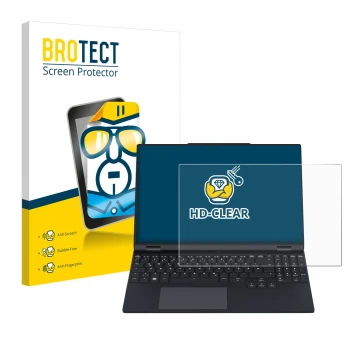 Face avant d’un emballage produit avec le logo de la marque BROTECT. À côté, l’appareil Tuxedo InfinityBook Pro 15 Gen 9 est r