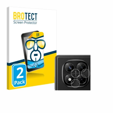 Face avant d’un emballage produit avec le logo de la marque BROTECT. À côté, l’appareil Xiaomi Redmi Note 14 Pro (Caméra UNIQU