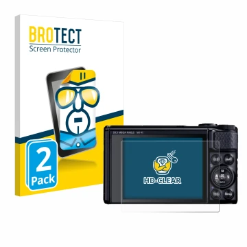 Face avant d’un emballage produit avec le logo de la marque BROTECT. À côté, l’appareil Canon PowerShot SX740 HS Lite est repr