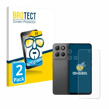 Face avant d’un emballage produit avec le logo de la marque BROTECT. À côté, l’appareil Motorola Moto G15 (Avant+Caméra) est r