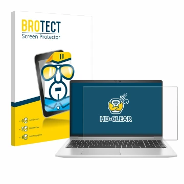 Face avant d’un emballage produit avec le logo de la marque BROTECT. À côté, l’appareil HP EliteBook 650 G10 est représenté av