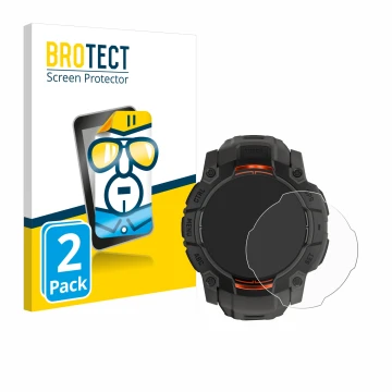 Face avant d’un emballage produit avec le logo de la marque BROTECT. À côté, l’appareil Garmin Instinct 3 Solar (50 mm) est re