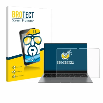 Face avant d’un emballage produit avec le logo de la marque BROTECT. À côté, l’appareil Samsung Galaxy Book5 Pro 16