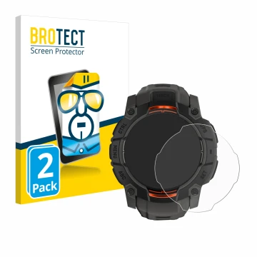 Face avant d’un emballage produit avec le logo de la marque BROTECT. À côté, l’appareil Garmin Instinct 3 Solar (45 mm) est re