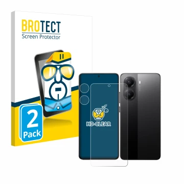 Face avant d’un emballage produit avec le logo de la marque BROTECT. À côté, l’appareil Xiaomi Poco X7 Pro (Avant+Caméra) est 