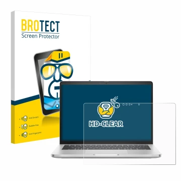 Face avant d’un emballage produit avec le logo de la marque BROTECT. À côté, l’appareil Dell Pro 14 Plus 2-in-1 PB14250 est re