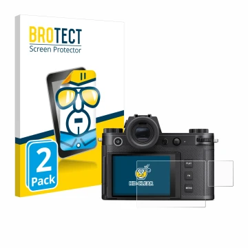 Face avant d’un emballage produit avec le logo de la marque BROTECT. À côté, l’appareil Leica SL3-S (Affichage + affichage des