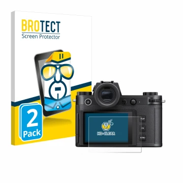 Face avant d’un emballage produit avec le logo de la marque BROTECT. À côté, l’appareil Leica SL3-S est représenté avec la pro