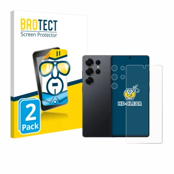 Face avant d’un emballage produit avec le logo de la marque BROTECT. À côté, l’appareil Samsung Galaxy S25 Ultra (Avant+Caméra