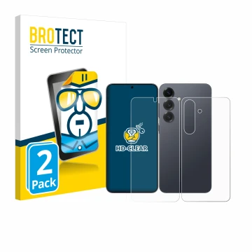 Face avant d’un emballage produit avec le logo de la marque BROTECT. À côté, l’appareil Samsung Galaxy S25 (Avant+Arrière) est