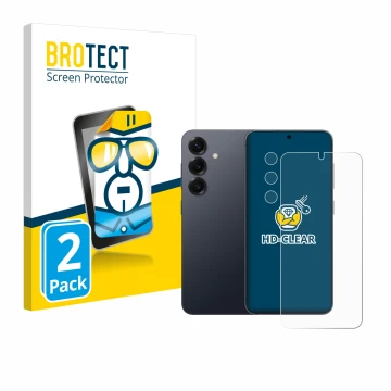Face avant d’un emballage produit avec le logo de la marque BROTECT. À côté, l’appareil Samsung Galaxy S25 Plus (Avant+Caméra)