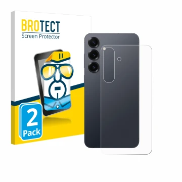 Face avant d’un emballage produit avec le logo de la marque BROTECT. À côté, l’appareil Samsung Galaxy S25 Plus (Arrière) est 