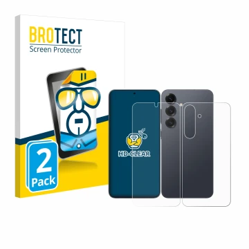 Face avant d’un emballage produit avec le logo de la marque BROTECT. À côté, l’appareil Samsung Galaxy S25 Plus (Avant+Arrière