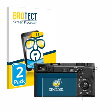 Face avant d’un emballage produit avec le logo de la marque BROTECT. À côté, l’appareil Sony Alpha 6100A est représenté avec l
