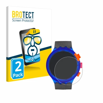 Face avant d’un emballage produit avec le logo de la marque BROTECT. À côté, l’appareil Swatch Neon Party est représenté avec 