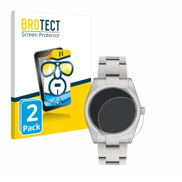 Face avant d’un emballage produit avec le logo de la marque BROTECT. À côté, l’appareil Rolex Oyster Perpetual 34 est représen