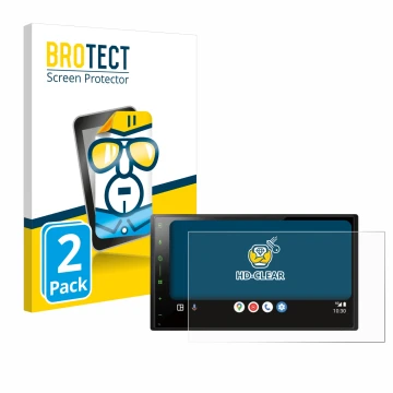 Face avant d’un emballage produit avec le logo de la marque BROTECT. À côté, l’appareil Pioneer SPH-DA77DAB est représenté ave
