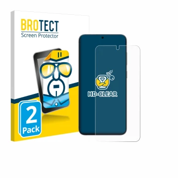 Face avant d’un emballage produit avec le logo de la marque BROTECT. À côté, l’appareil Samsung Galaxy S25 Enterprise Edition 