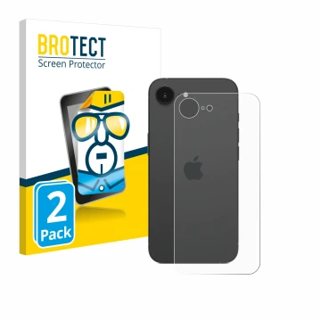 Face avant d’un emballage produit avec le logo de la marque BROTECT. À côté, l’appareil Apple iPhone 16e (Arrière) est représe