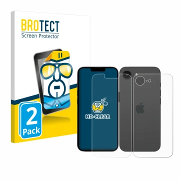 Face avant d’un emballage produit avec le logo de la marque BROTECT. À côté, l’appareil Apple iPhone 16e (Avant+Arrière) est r