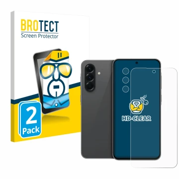 Face avant d’un emballage produit avec le logo de la marque BROTECT. À côté, l’appareil Samsung Galaxy A56 5G (Avant+Caméra) e