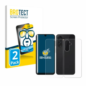 Face avant d’un emballage produit avec le logo de la marque BROTECT. À côté, l’appareil Samsung Galaxy A26 5G (Avant+Arrière) 
