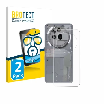 Face avant d’un emballage produit avec le logo de la marque BROTECT. À côté, l’appareil Nothing Phone (3a) Pro (Arrière) est r