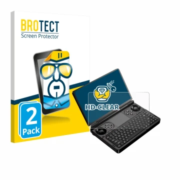 Face avant d’un emballage produit avec le logo de la marque BROTECT. À côté, l’appareil GPD Win Mini (2025) est représenté ave