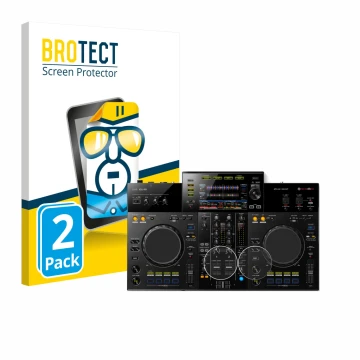 Face avant d’un emballage produit avec le logo de la marque BROTECT. À côté, l’appareil Pioneer XDJ -RR (Jog) est représenté a