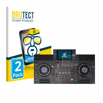Face avant d’un emballage produit avec le logo de la marque BROTECT. À côté, l’appareil Denon DJ SC LIVE 4 (Jog) est représent