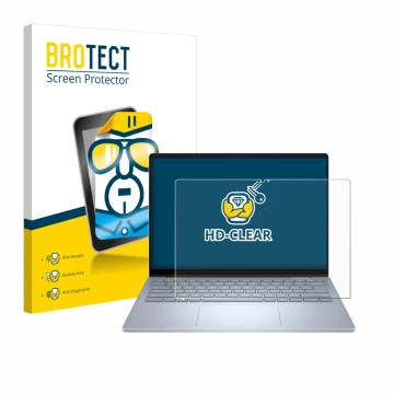 Face avant d’un emballage produit avec le logo de la marque BROTECT. À côté, l’appareil Dell 14 Plus 2-in-1 est représenté ave