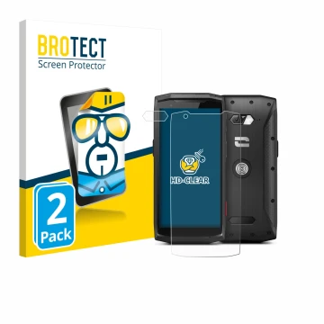 Face avant d’un emballage produit avec le logo de la marque BROTECT. À côté, l’appareil Crosscall Core-M5 (Avant+Caméra) est r