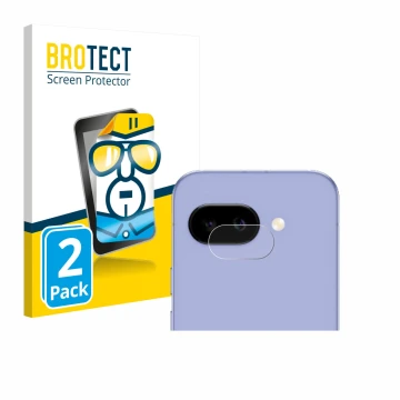 Face avant d’un emballage produit avec le logo de la marque BROTECT. À côté, l’appareil Google Pixel 9a (Caméra UNIQUEMENT) es