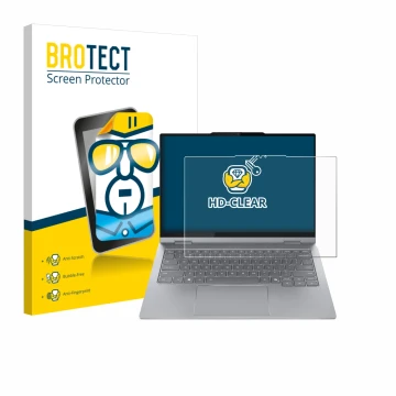 Face avant d’un emballage produit avec le logo de la marque BROTECT. À côté, l’appareil Lenovo ThinkBook 14 2-in-1 Gen 5 est r