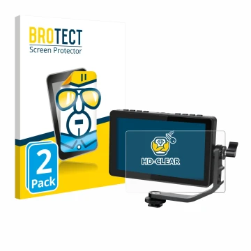 Face avant d’un emballage produit avec le logo de la marque BROTECT. À côté, l’appareil Feelworld F5 PROX 5,5