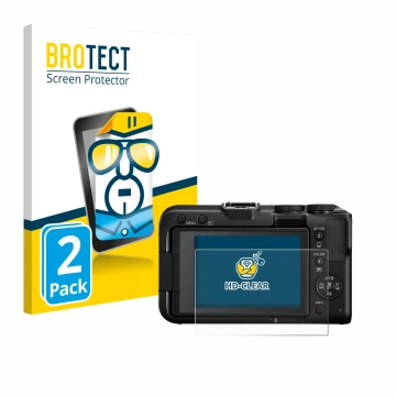 Face avant d’un emballage produit avec le logo de la marque BROTECT. À côté, l’appareil Canon EOS R50 V est représenté avec la