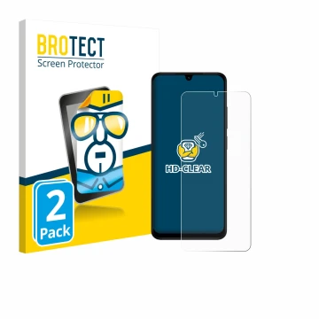 Face avant d’un emballage produit avec le logo de la marque BROTECT. À côté, l’appareil Xiaomi Redmi A5 est représenté avec la