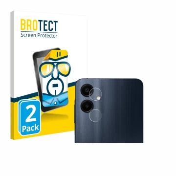 Face avant d’un emballage produit avec le logo de la marque BROTECT. À côté, l’appareil Samsung Galaxy A06 5G (Caméra UNIQUEME