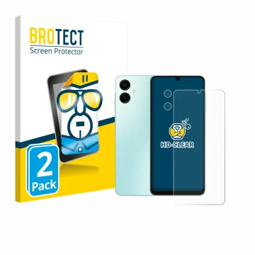 Face avant d’un emballage produit avec le logo de la marque BROTECT. À côté, l’appareil Samsung Galaxy A06 5G (Avant+Caméra) e