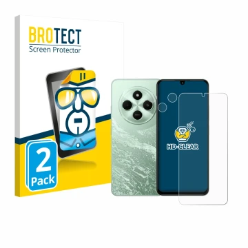 Face avant d’un emballage produit avec le logo de la marque BROTECT. À côté, l’appareil Xiaomi Poco C75 (Avant+Caméra) est rep