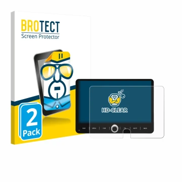 Face avant d’un emballage produit avec le logo de la marque BROTECT. À côté, l’appareil Dynavin D9-JP Plus 10.1