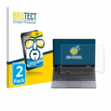Face avant d’un emballage produit avec le logo de la marque BROTECT. À côté, l’appareil Chuwi MiniBook X N150 est représenté a